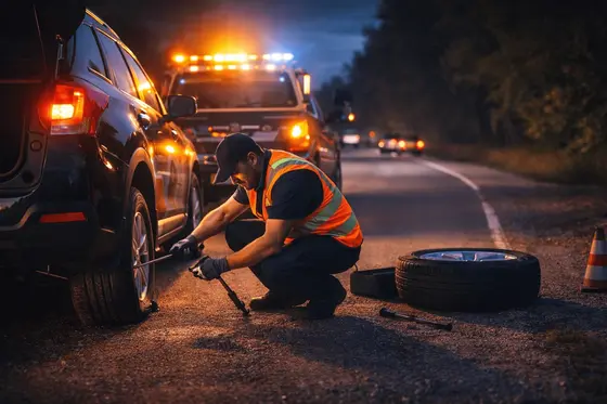 Urgent Tire Change in Marlboro OH roadside technician changing flat tire at night